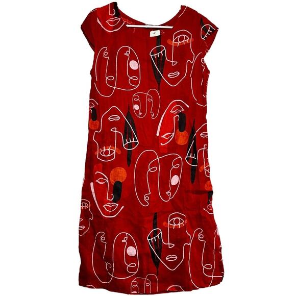 Puro Lino Dress 100% Linen Art to Wear Eye Print Cap Sleeve Red Small NWT - Picture 1 of 5